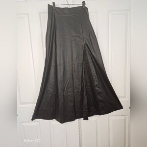 Women's Black Faux Leather Maxi Thigh Slit Skirt A Line